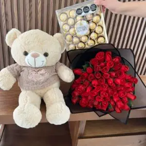 Rosas chocolates y osito de peluche en meteopec