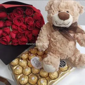 ramo de rosas osito de peluche y chocolates en metepec