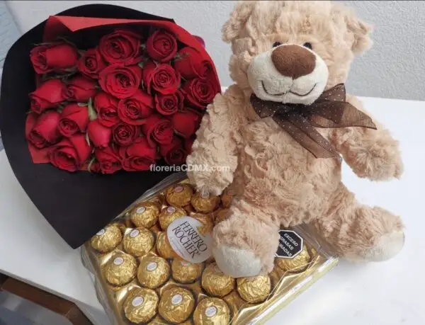 ramo de rosas osito de peluche y chocolates en metepec